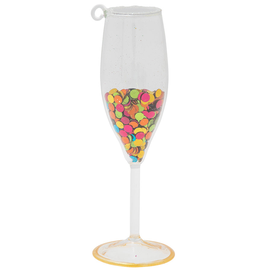 Celebrate in style by hanging this tiny glass champagne flute filled with colorful confetti on your tree.