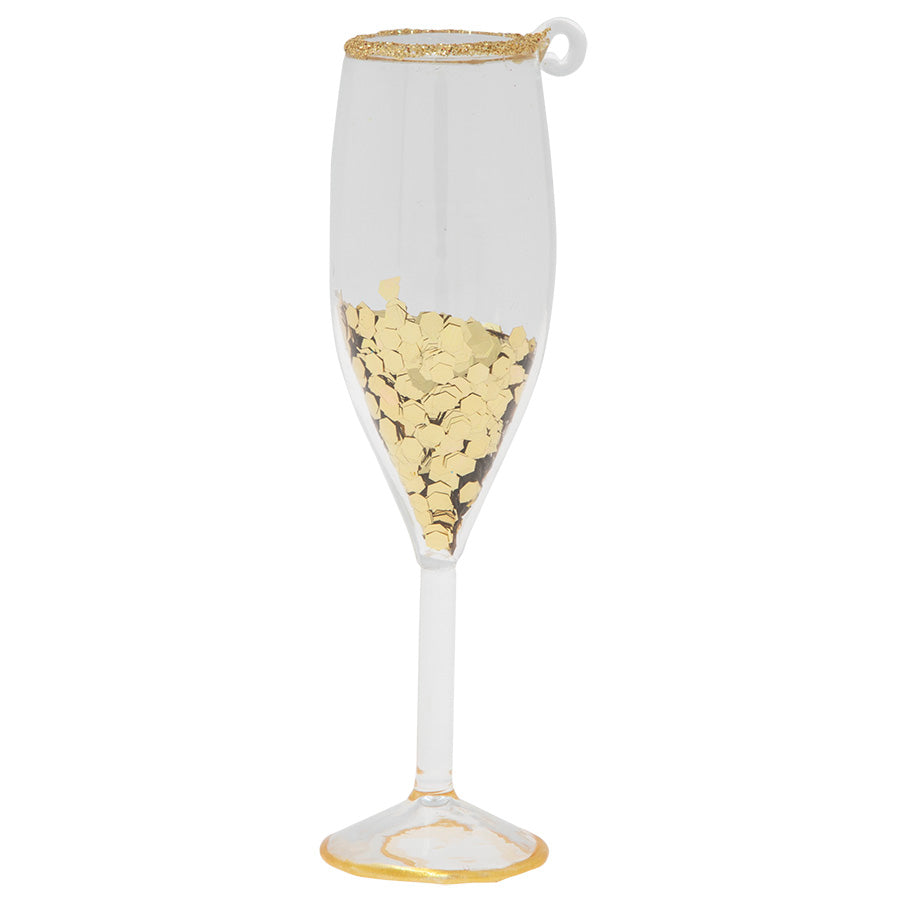Cheers! Celebrate with this sip-sized champagne flute filled with sparkling gold glitter bubbly.
