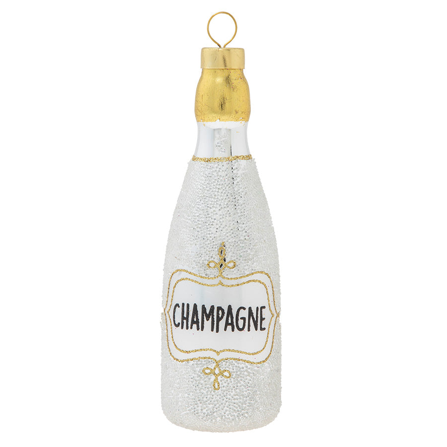 Pop the bubbly--shining in silver and gold, this chic miniature champagne bottle ornament is a luxe addition to your tree. 