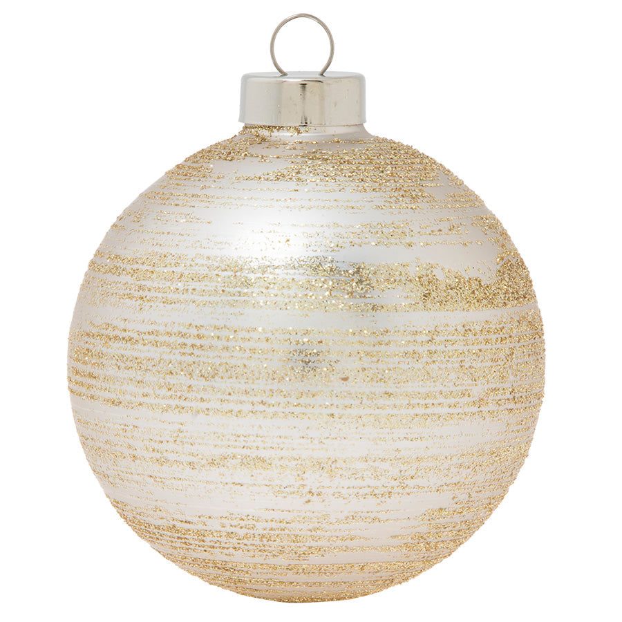 Add a luxe touch to your tree with this orb of matte silver swathed in glittering metallic gold.