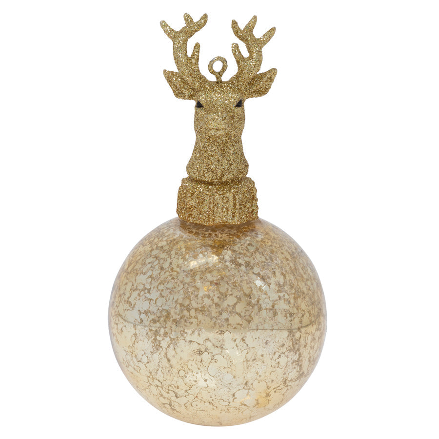A glittering buck's head crowns this antiqued metallic golden round.