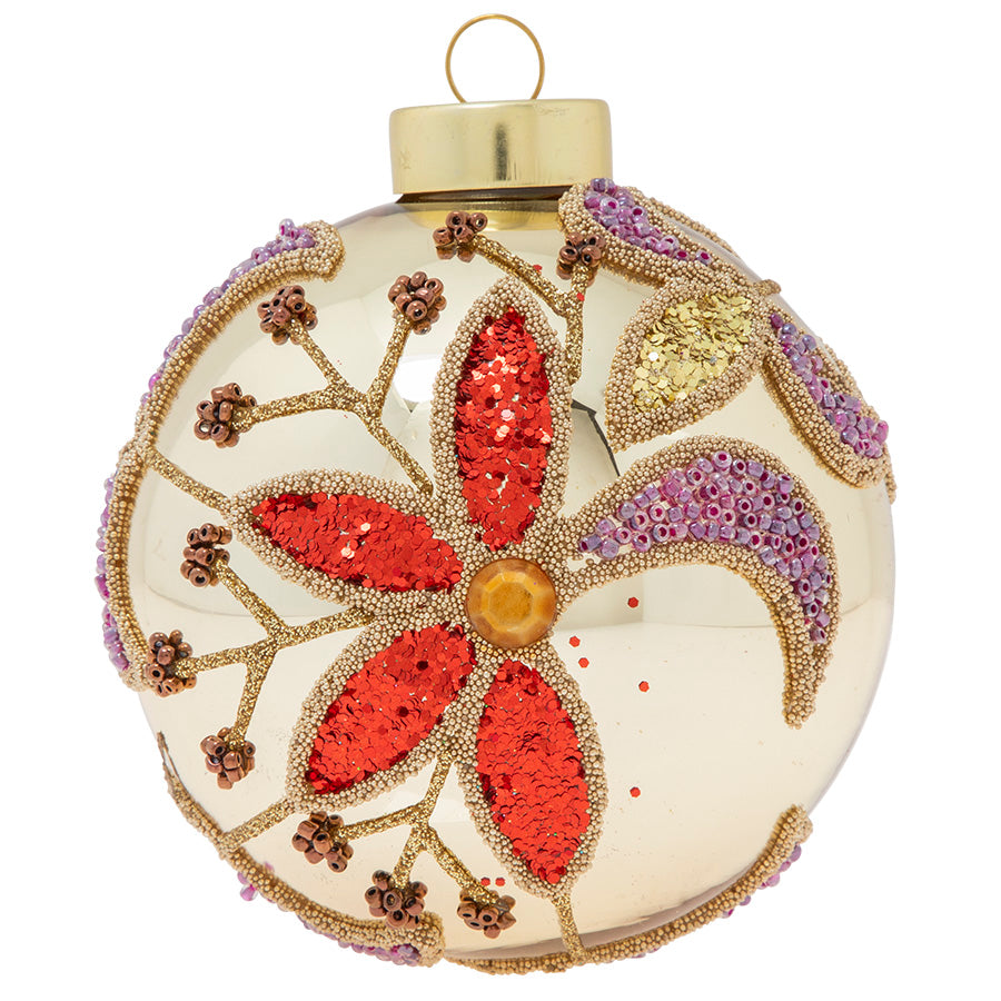 Beaded and bejeweled, this unique round features the festive florals of the season.