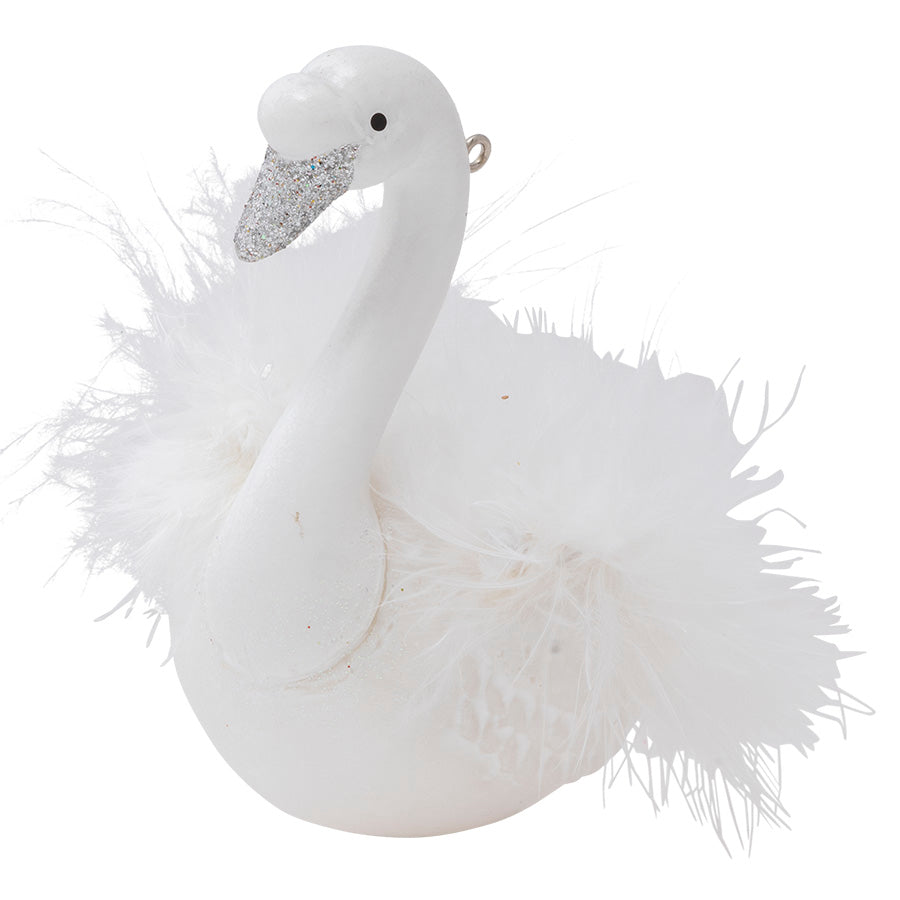 With her fluffy feathers and glittering silver beak, this graceful swan ornament is the perfect elegant addition to your Christmas collection.
