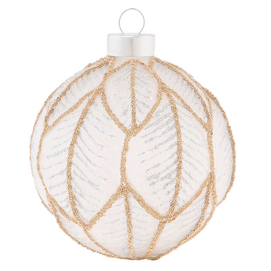 Layers of leaves are accented by frosty gold beading and silver glitter for a luxe textured effect on this unique glass round.