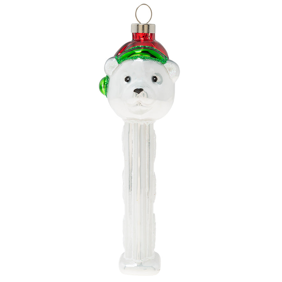 A fluffy polar bear pal tops everyone's favorite candy dispenser in this officially licensed PEZ ornament.   