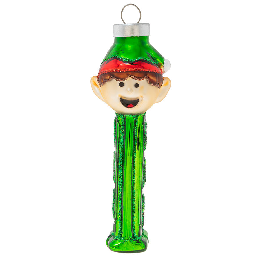 A jolly elf tops a bright green PEZ dispenser for this festive officially licensed PEZ ornament.   