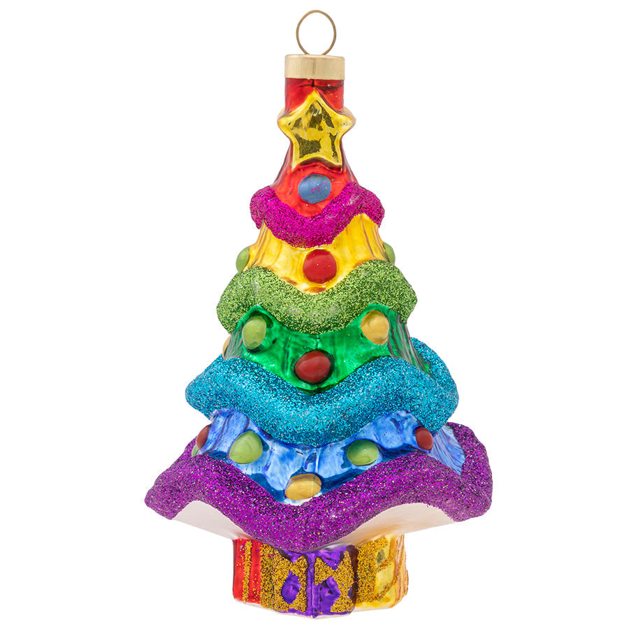 That is one seriously colorful conifer! The classic Christmas tree gets a bold and bright rainbow makeover for this cheery glass ornament.