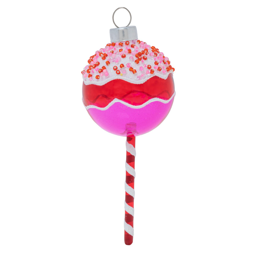 Indulge your sweet tooth! This delightful glass lolli has been dipped in red & white beads and sits atop a festive candy cane swizzle stick. 