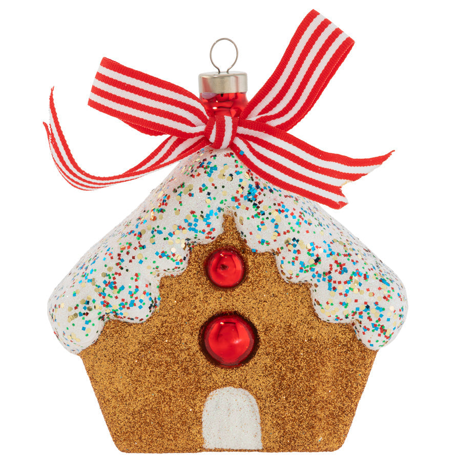 Rolled in a rainbow of glitter and topped with a candy-striped bow, this gingerbread cottage is iced, spiced, and everything nice!