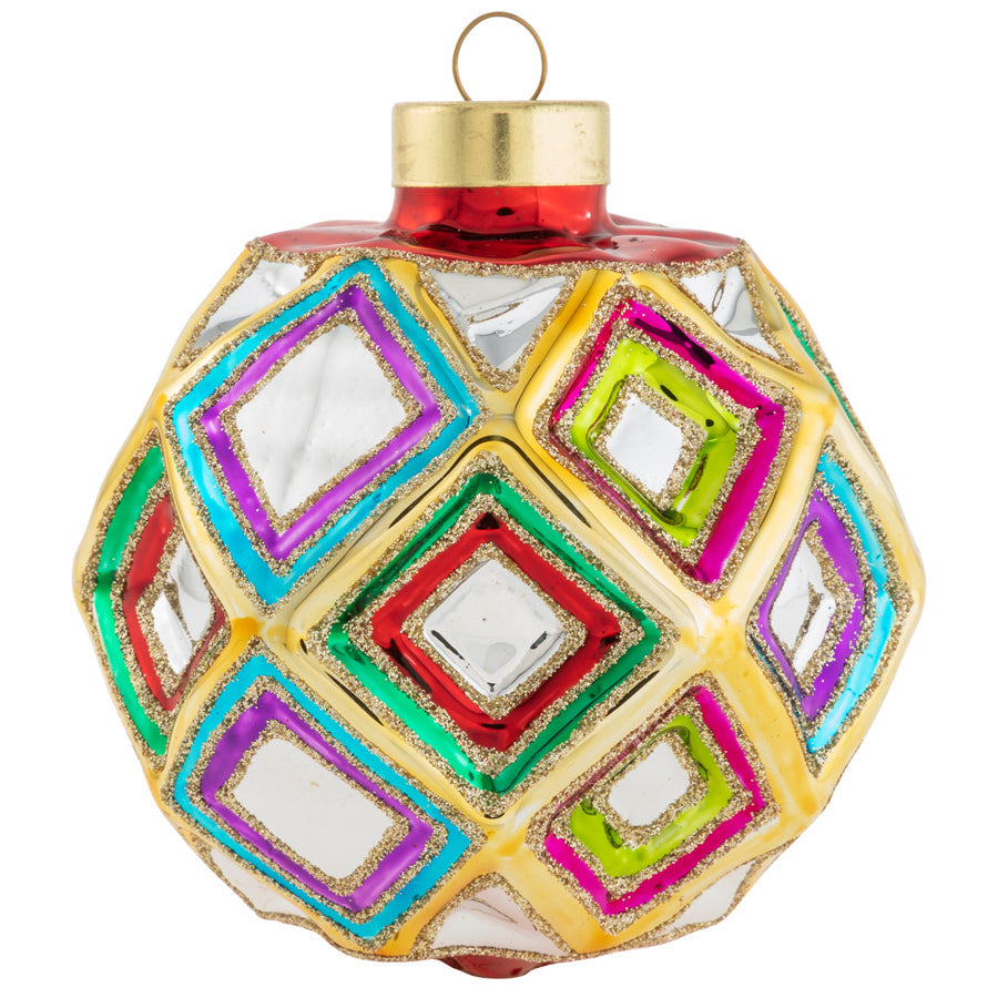 The coffered indents of this retro reflective ball are painted with bright holiday hues and fine glittered accents.