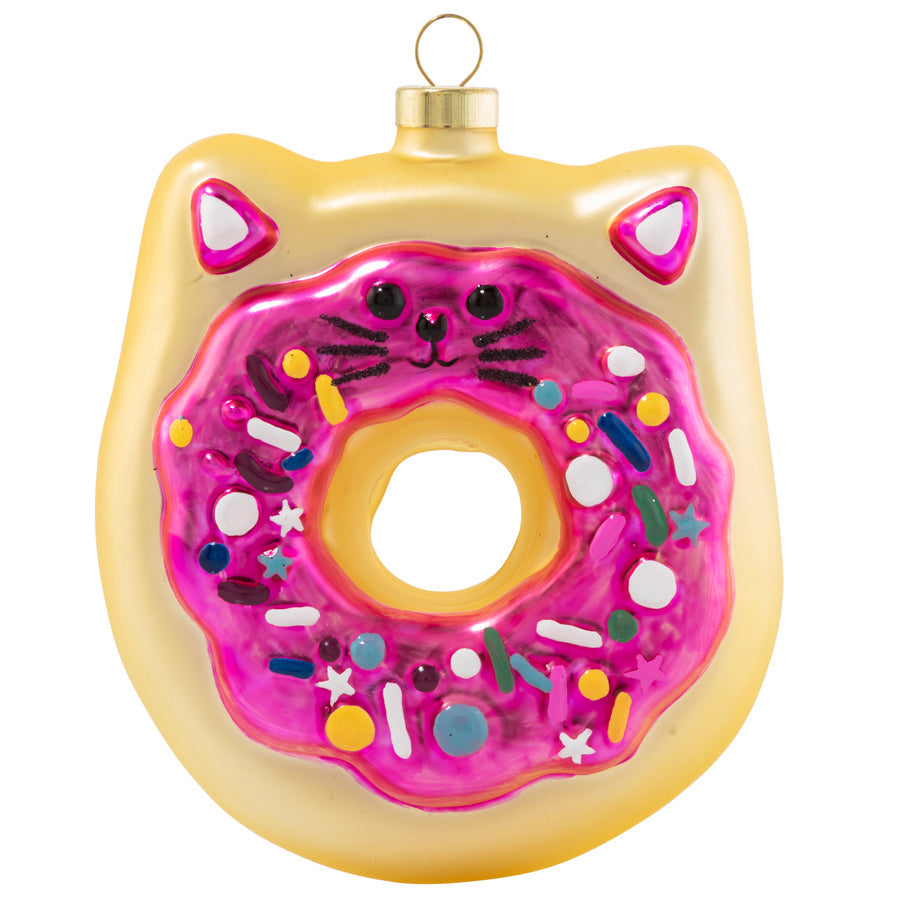 This pink frosted and sweetly sprinkled kitty donut is ready to wish you a “MEOWY Christmas!”