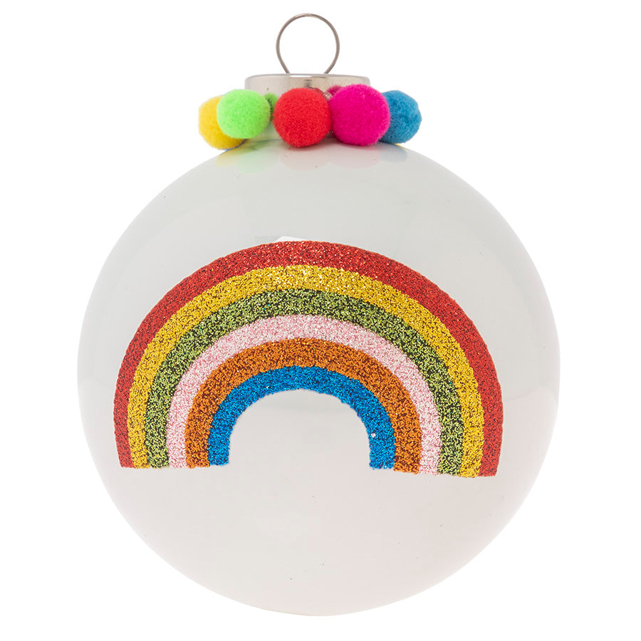 Under a crown of brightly-colored poms, this sparkling mod rainbow reminds us to always live colorfully!