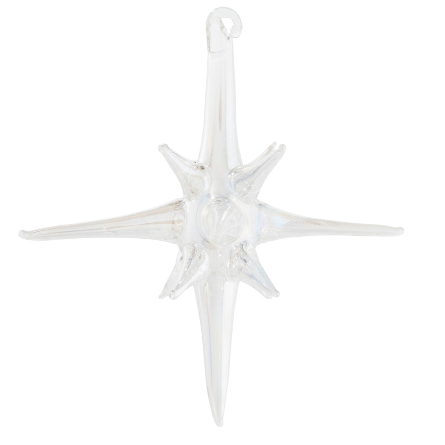 The Aurora-like iridescence of this clear pulled glass star is sure to mesmerize on trees of every style.
