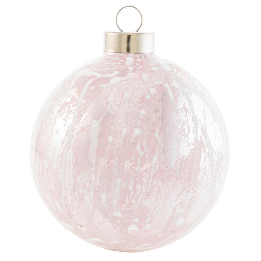 Perfect for any artistically modern tree, this chromed blush ball is hand splattered with white graffiti.