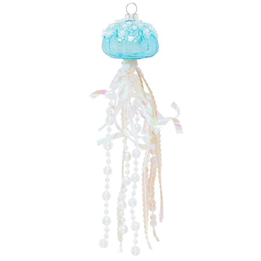 It will be easy to skirt the sting from the iridescent ribbon, sequin and beaded tentacles of this sky blue jellyfish.