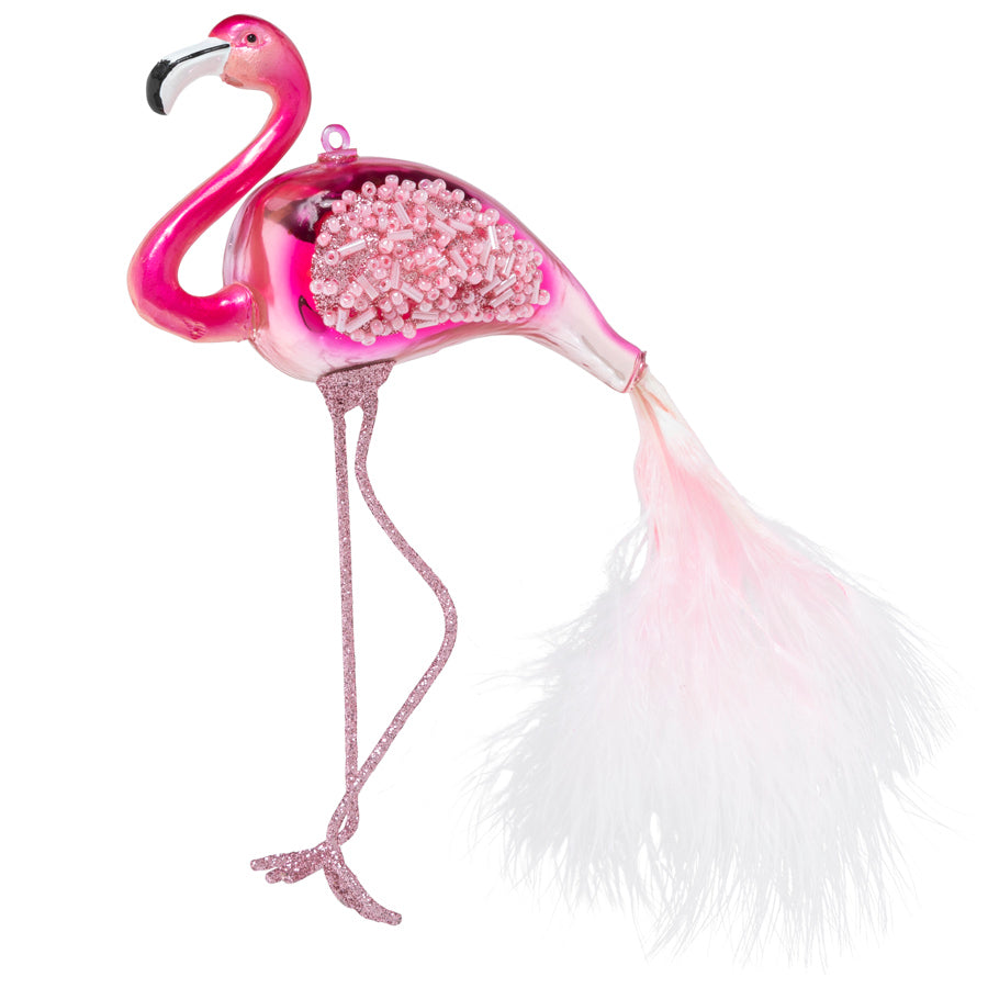 Long glittered legs for lagoon perching, wings of blush beads for preening, and a fabulously fluffed tail feather – this feathered flamingo has it all!