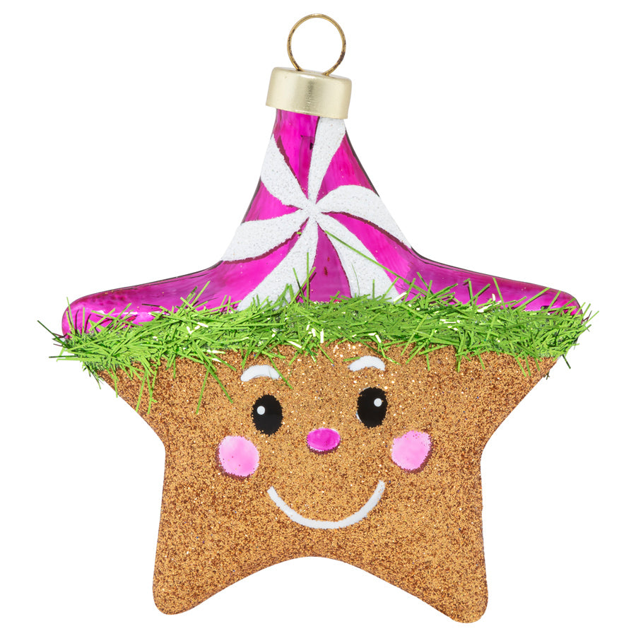 Our twinkling gingerbread star is ready to shine this season with  tinsel in bright green and a fun hot pink peppermint twist.