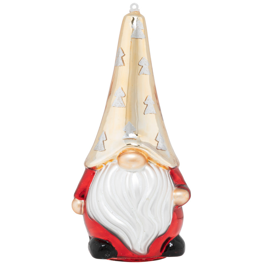This gnome hopes that the silver fir trees atop his golden cap will help him blend into your tree branches!