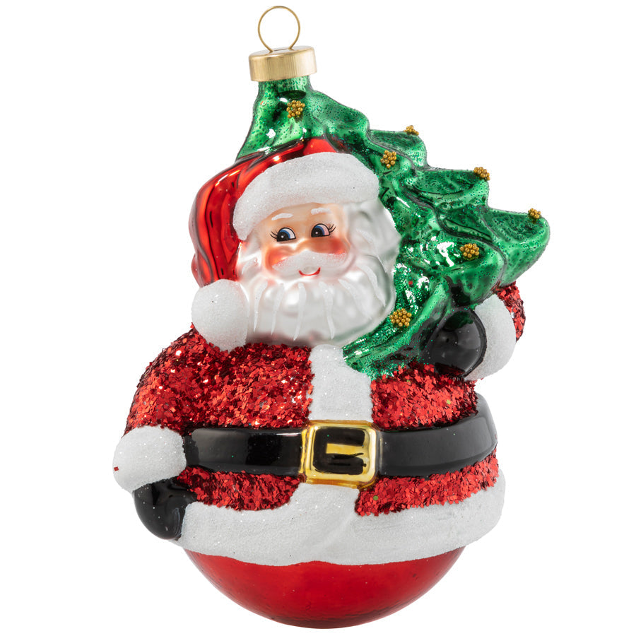 This plump Santa is tickled pink to bring the gift of a Yule Tree to your hearth.