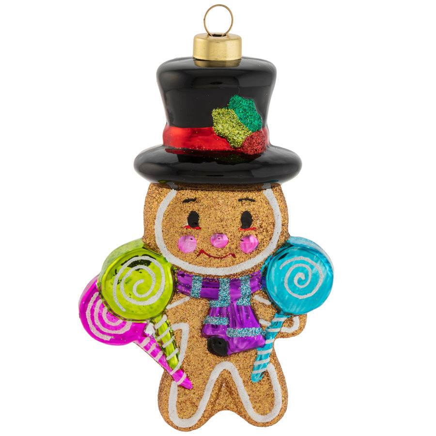 This glittering gingerbread man brings the gift of brightly jewel tone lollipops to your tree.