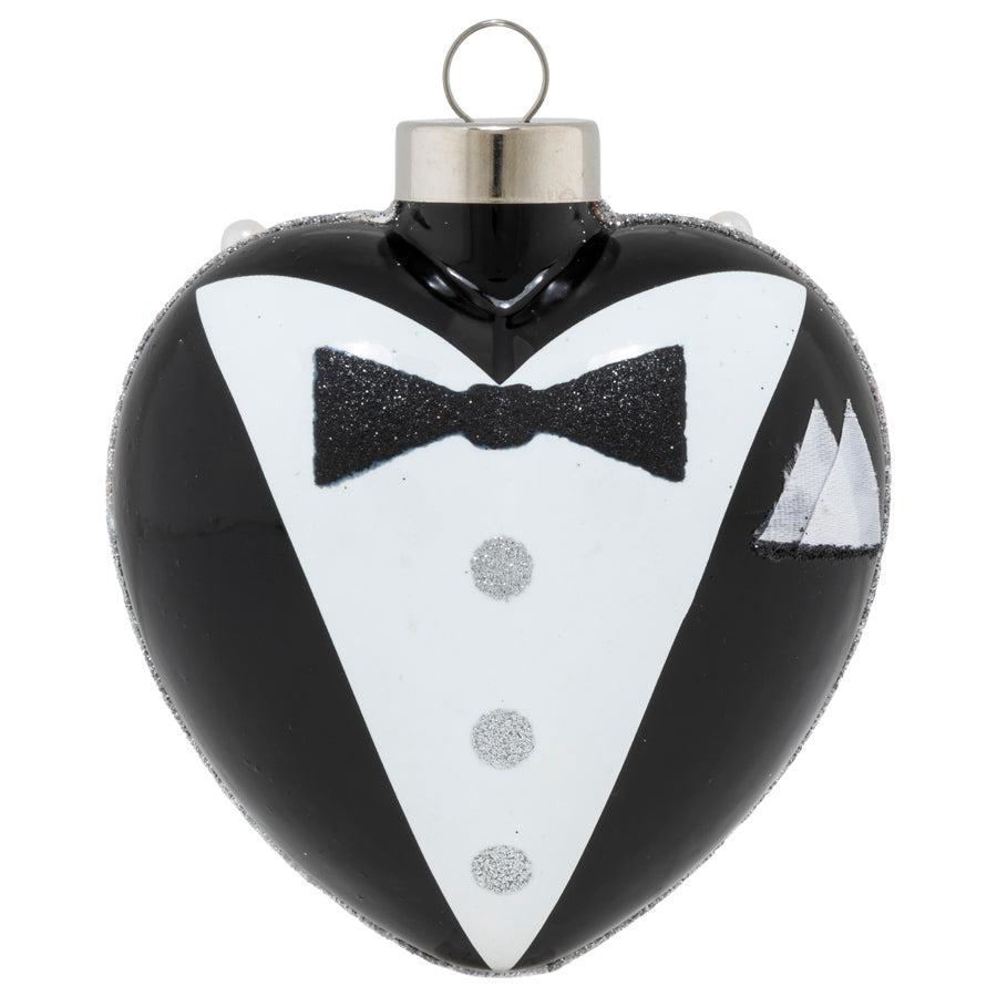 Celebrate your favorite engaged or married couple with a two-sided heart ornament featuring the bride in pearls and tuxedoed groom.