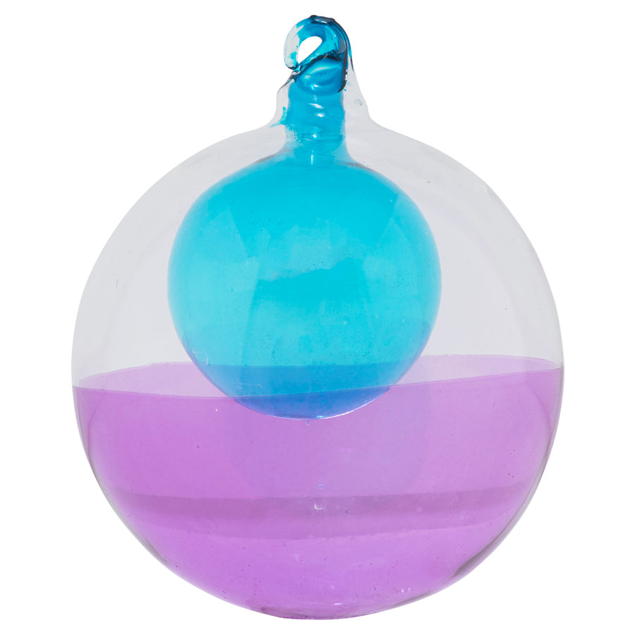 Perfect for the festive modern tree, this double blown glass ball features an aqua globe encased in a color-blocked lilac bubble.