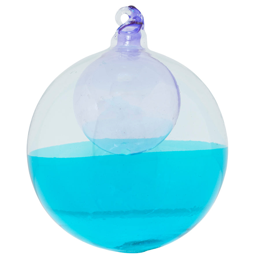 Perfect for the festive modern tree, this double blown glass ball features a lavender globe encased in a color-blocked aqua bubble.
