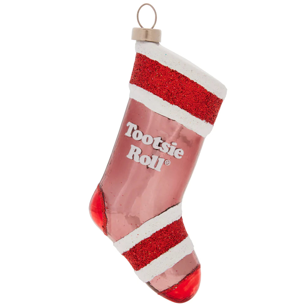 Tootsie Roll candies are always in season- celebrate the holidays with this glass Tootsie Roll Christmas stocking ornament.