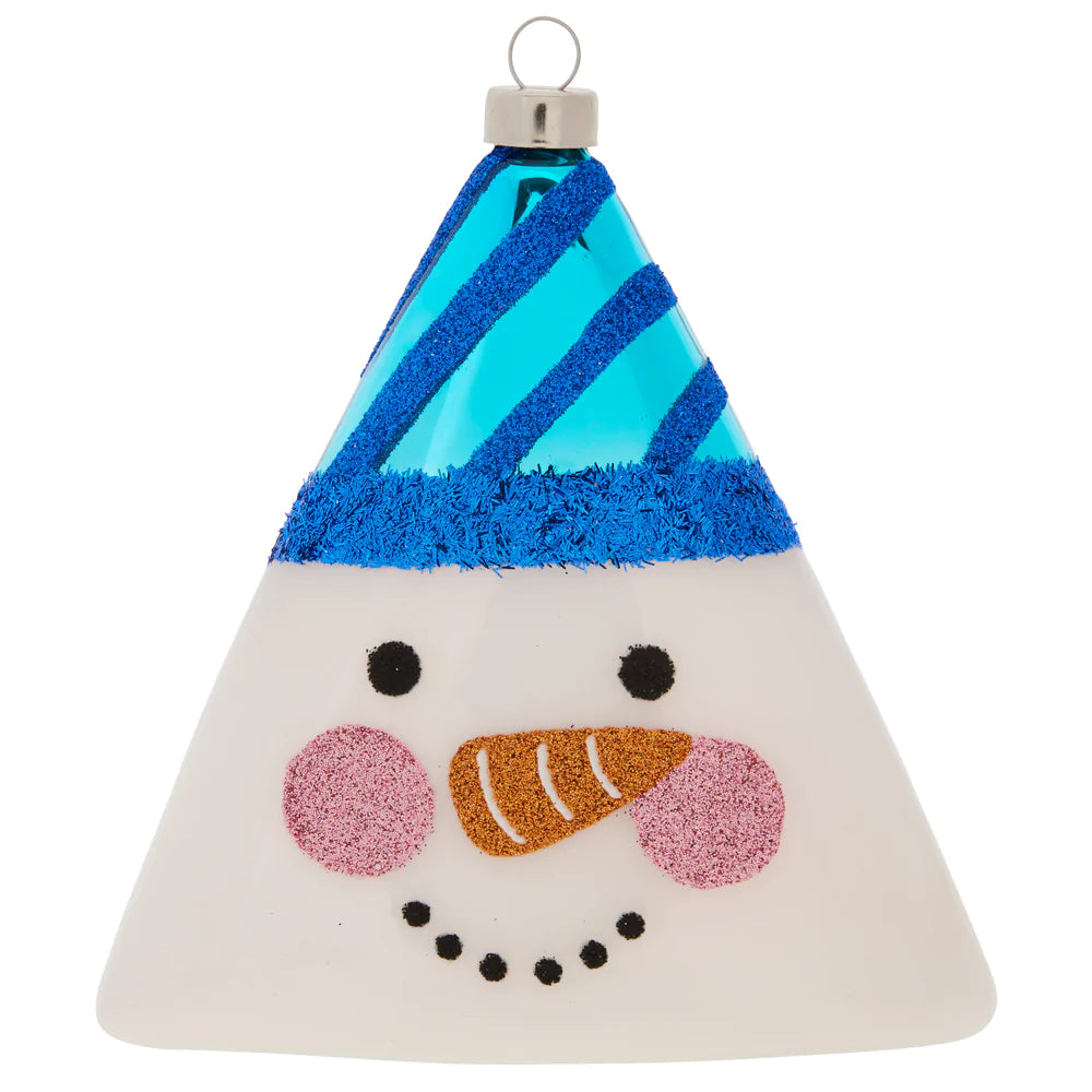 This cute smiley snowman is featured on a white shiny triangle with a striped cap and carrot nose.
