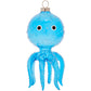 This bright blue octopus is looking cute and curious, with wide eyes and long tentacles.