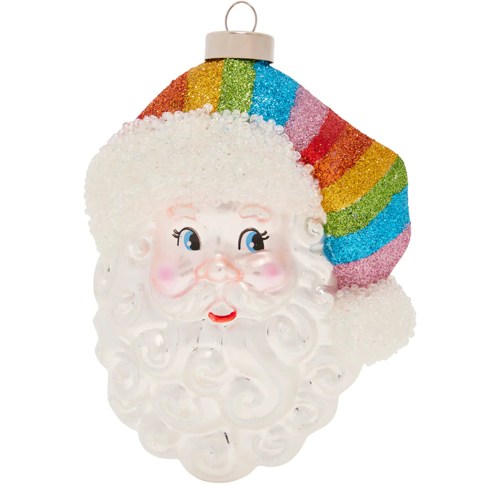 This smiling Santa celebrates love with his rainbow-striped hat.